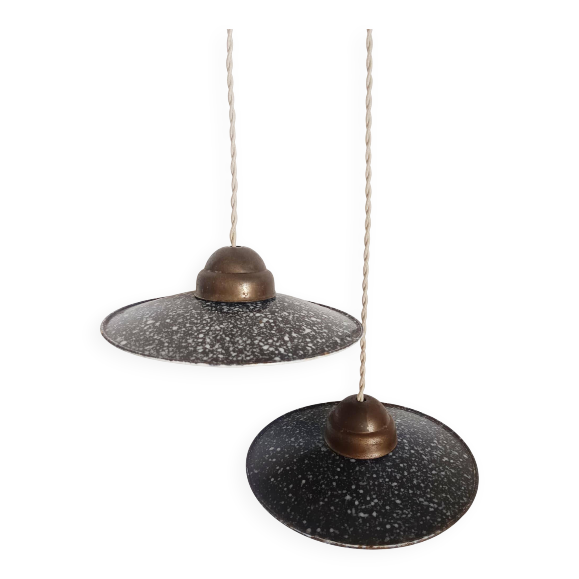 Pair of vintage enamelled sheet metal industrial pendant lights