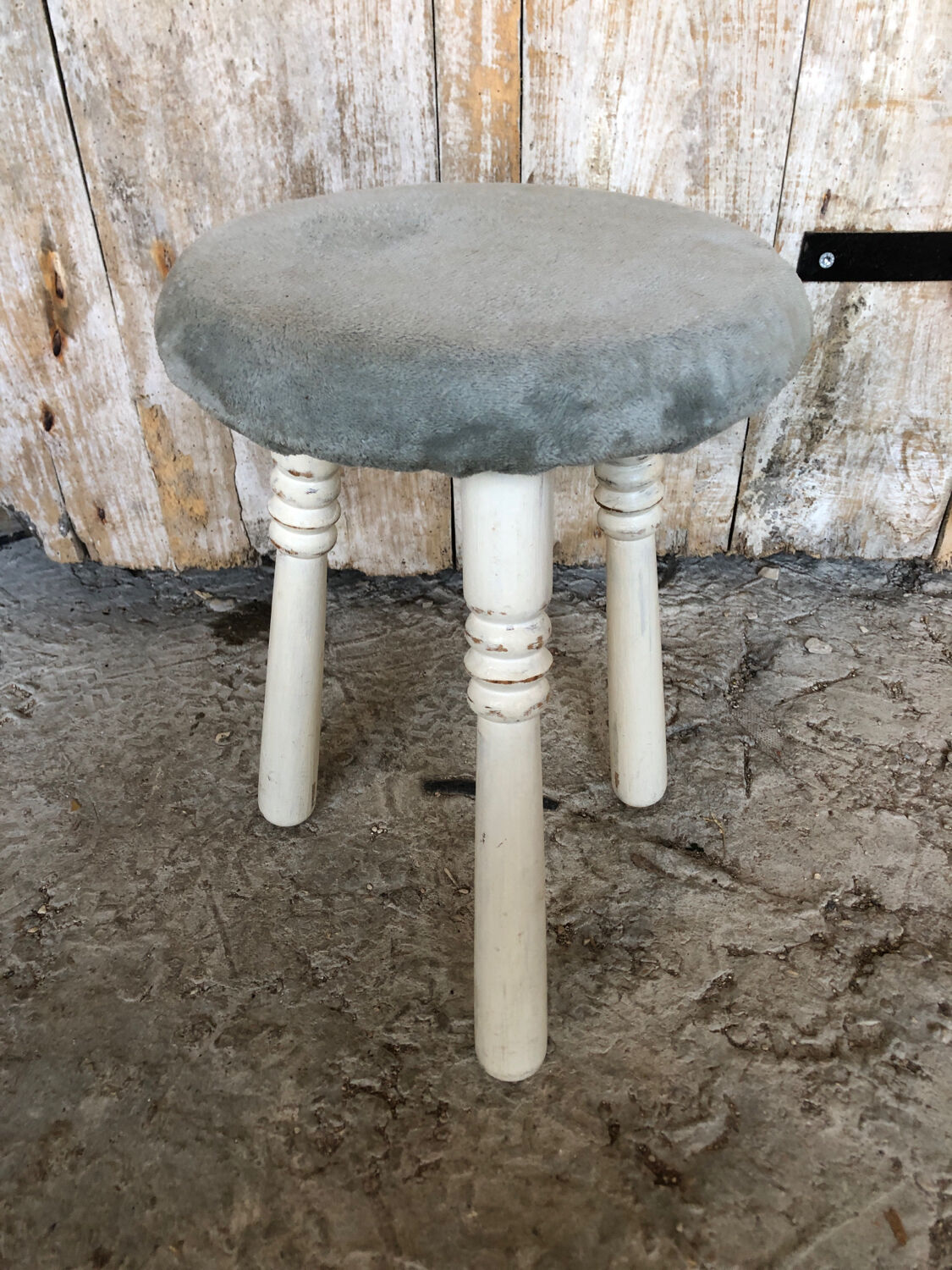 White Wood Tripod Milking Stool + Vintage Blue Gray Velvet Seat #A292