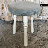 White Wood Tripod Milking Stool + Vintage Blue Gray Velvet Seat #A292