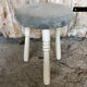 Tabouret de traite tripode bois blanc + assise velour bleu gris vintage #a292