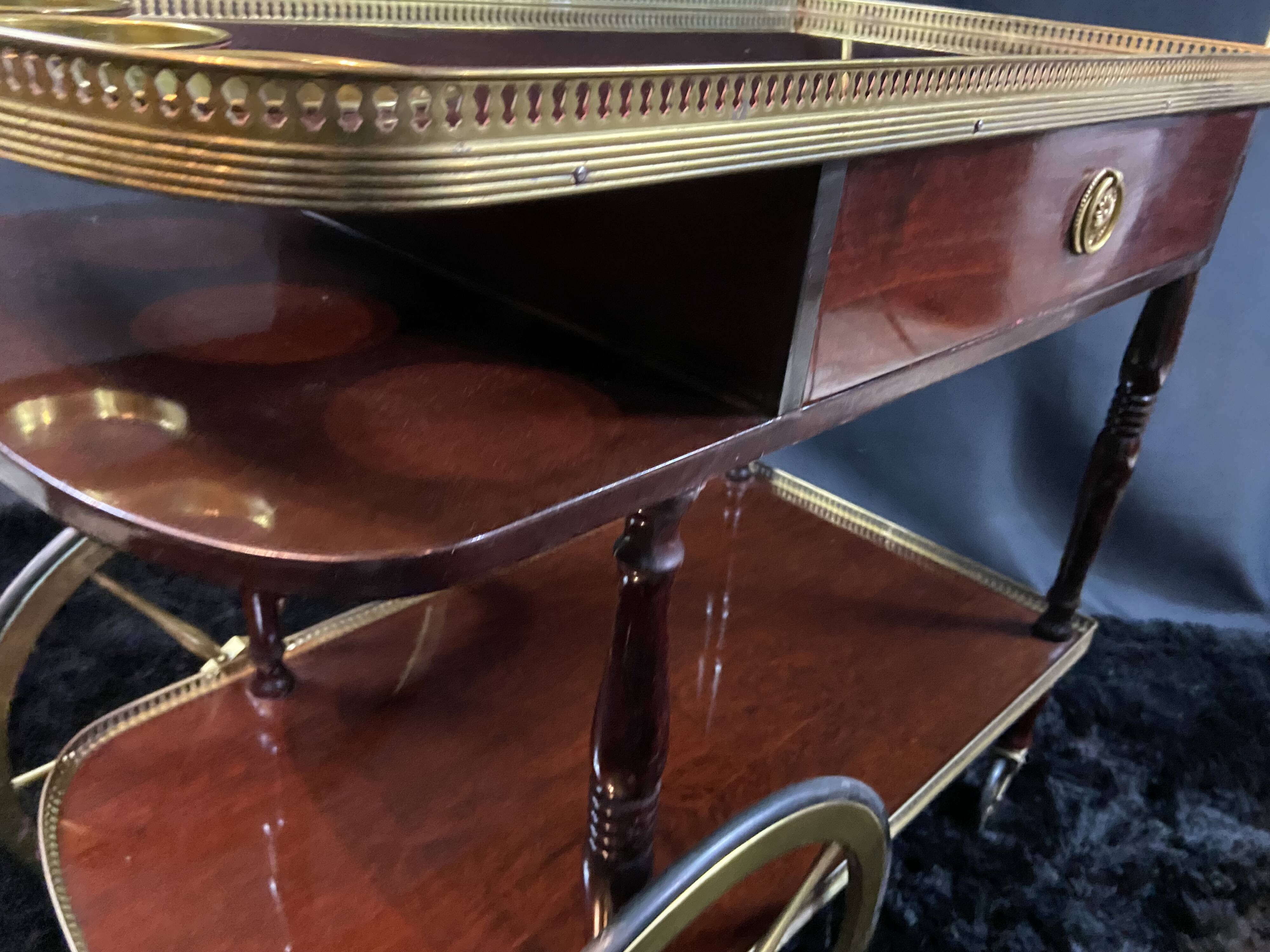 Rolling bar cart, bar trolley, bar rolling in varnished mahogany and brass