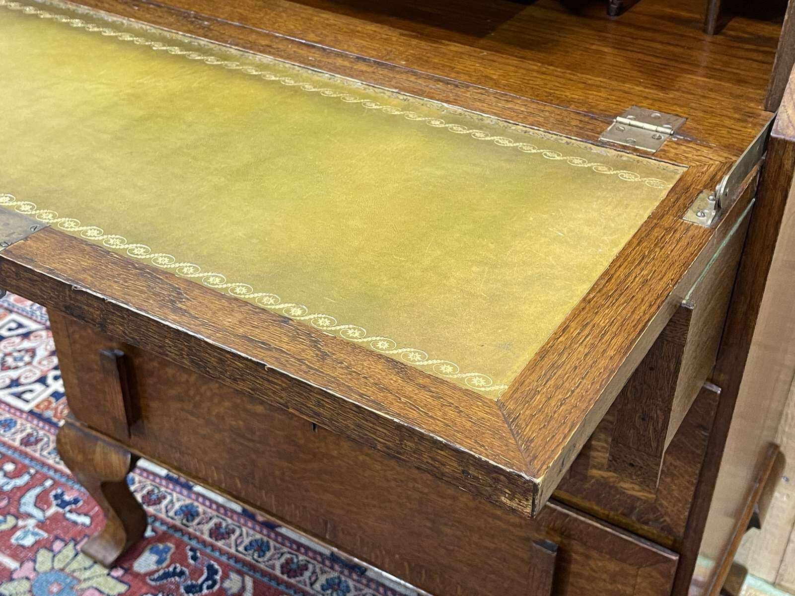 English donkey desk in oak and leather top, 1950s