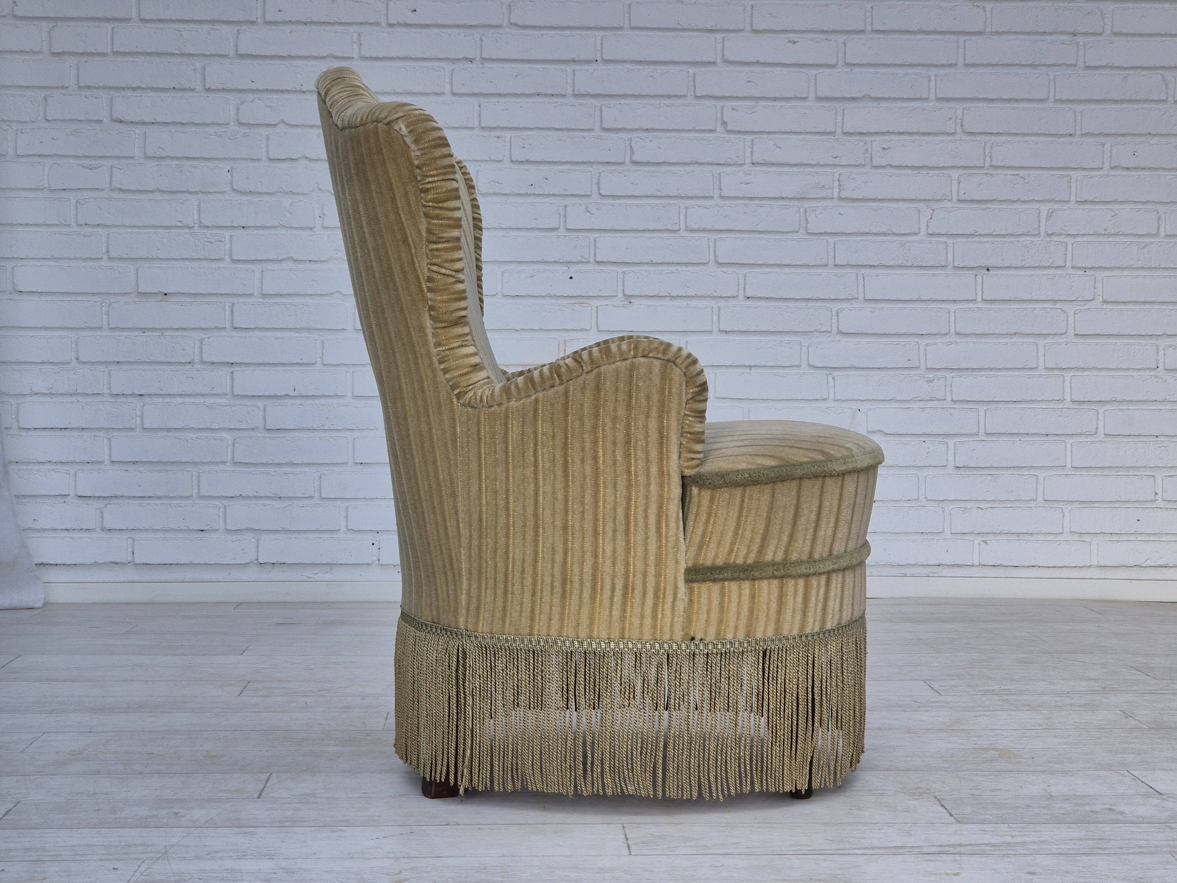 1970s, pair of Danish armchairs, original condition, green furniture velour.