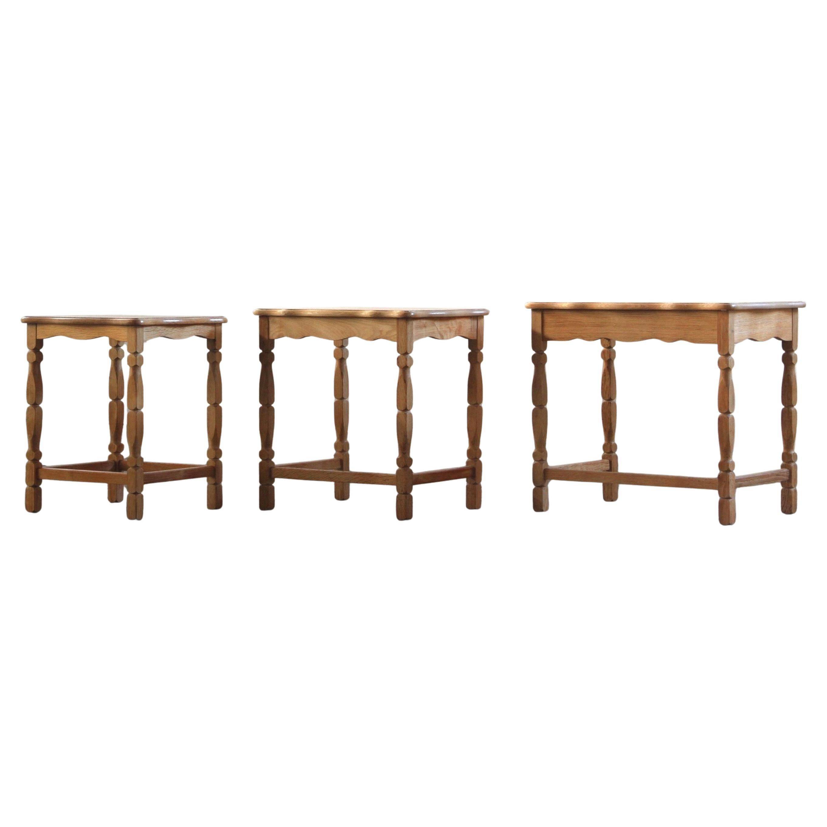 Vintage 1970s set of 3 Nesting / Stacking Oak Tables, style of Henning Kjær