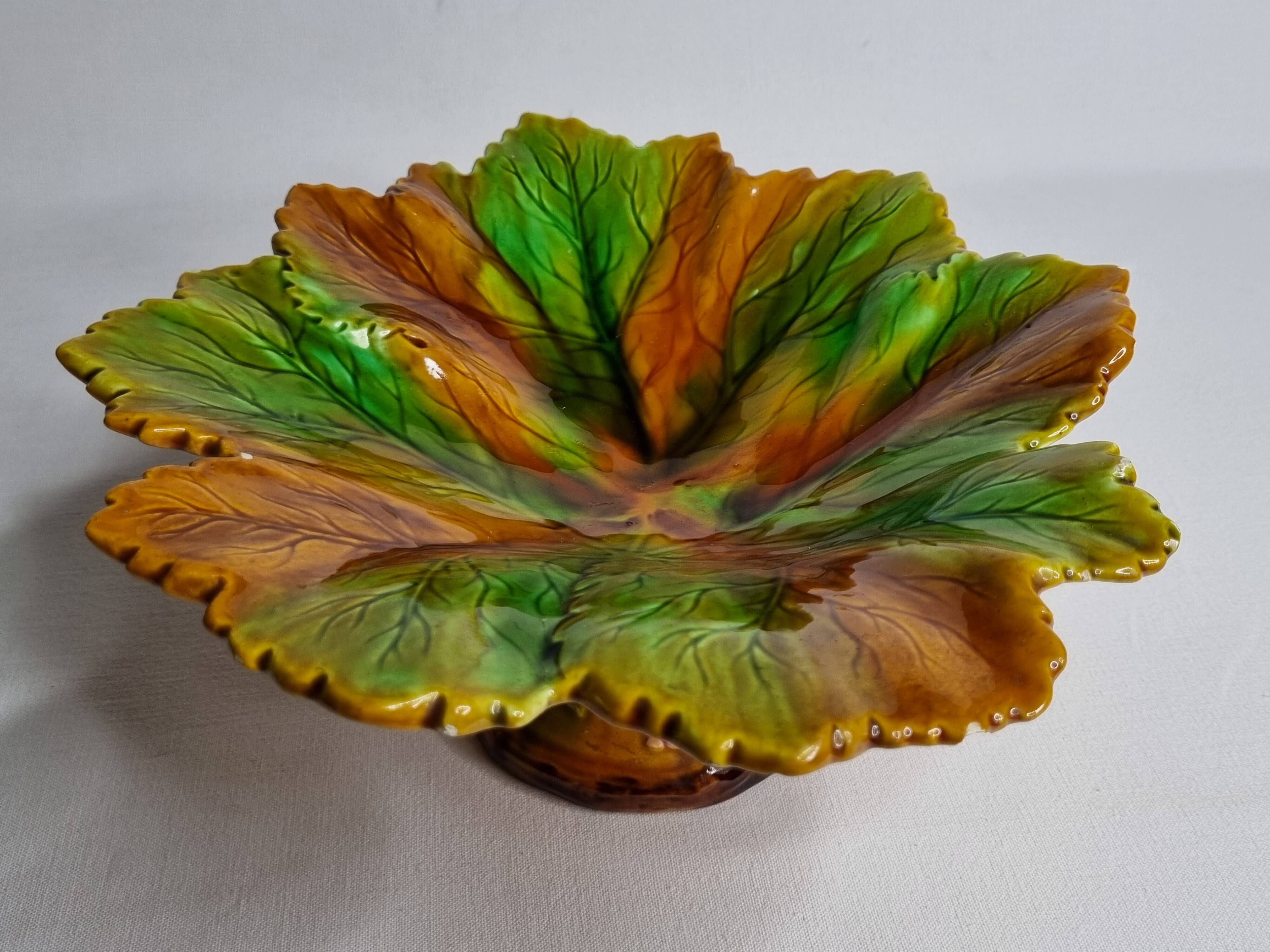 Old Villeroy and Boch compotier, decorated with green and ocher vine leaves, 1900