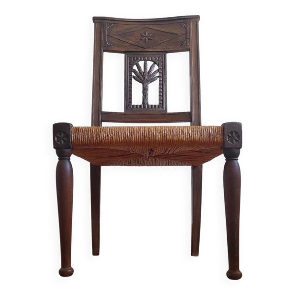 Chauffeuse,chaise basse sculptée XIXe-decor épis de blé