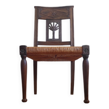 Chauffeuse,chaise basse sculptée XIXe-decor épis de blé