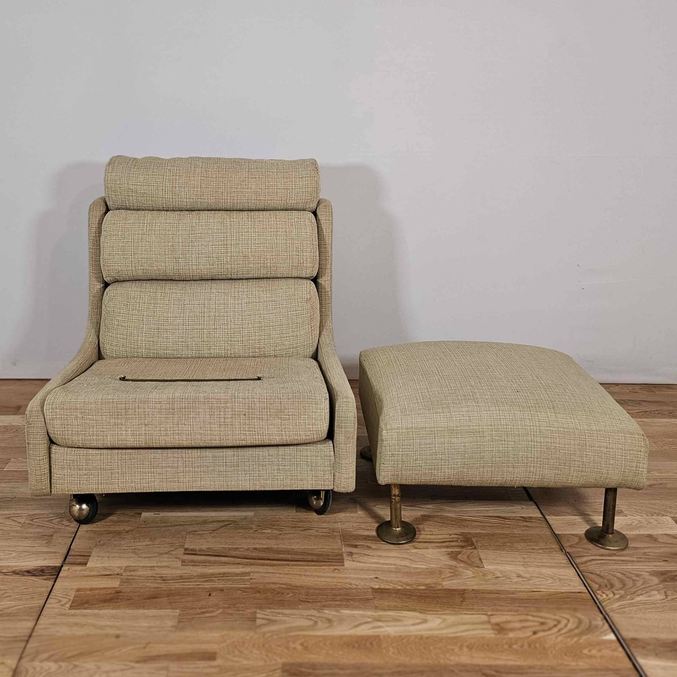 Steiner-Paris, green cloth armchair and ottoman, circa 1950/1960