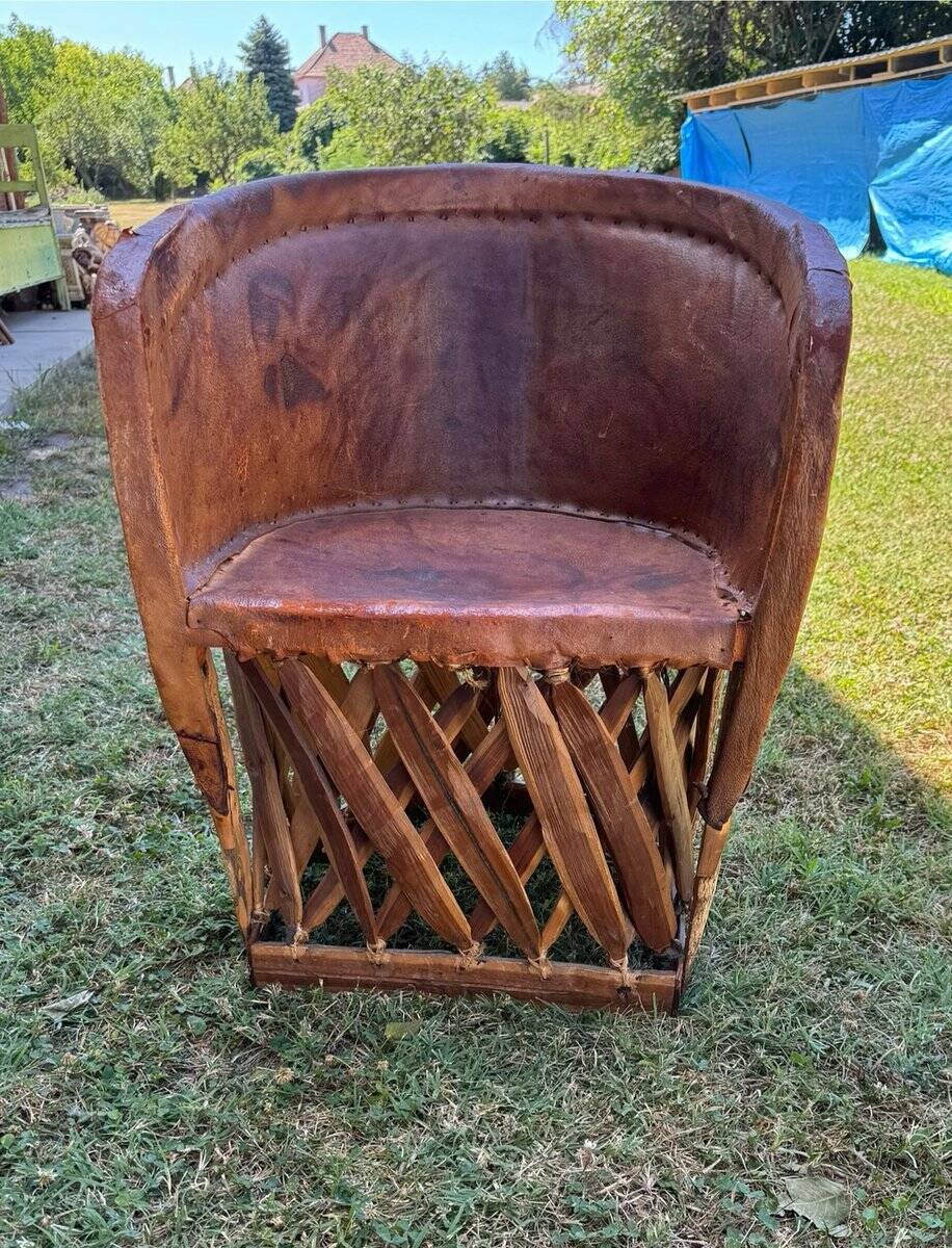 Set of 5 Wim Rietveld chairs in brown leather and wood, Mexican style 1970s.