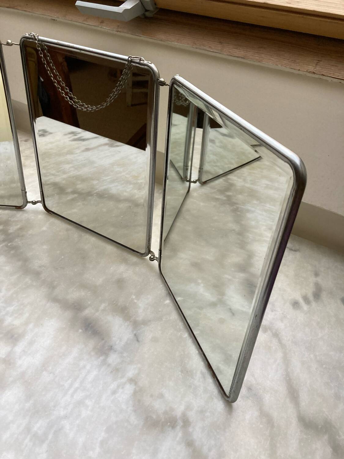 Vintage vertical beveled triptych barber mirror