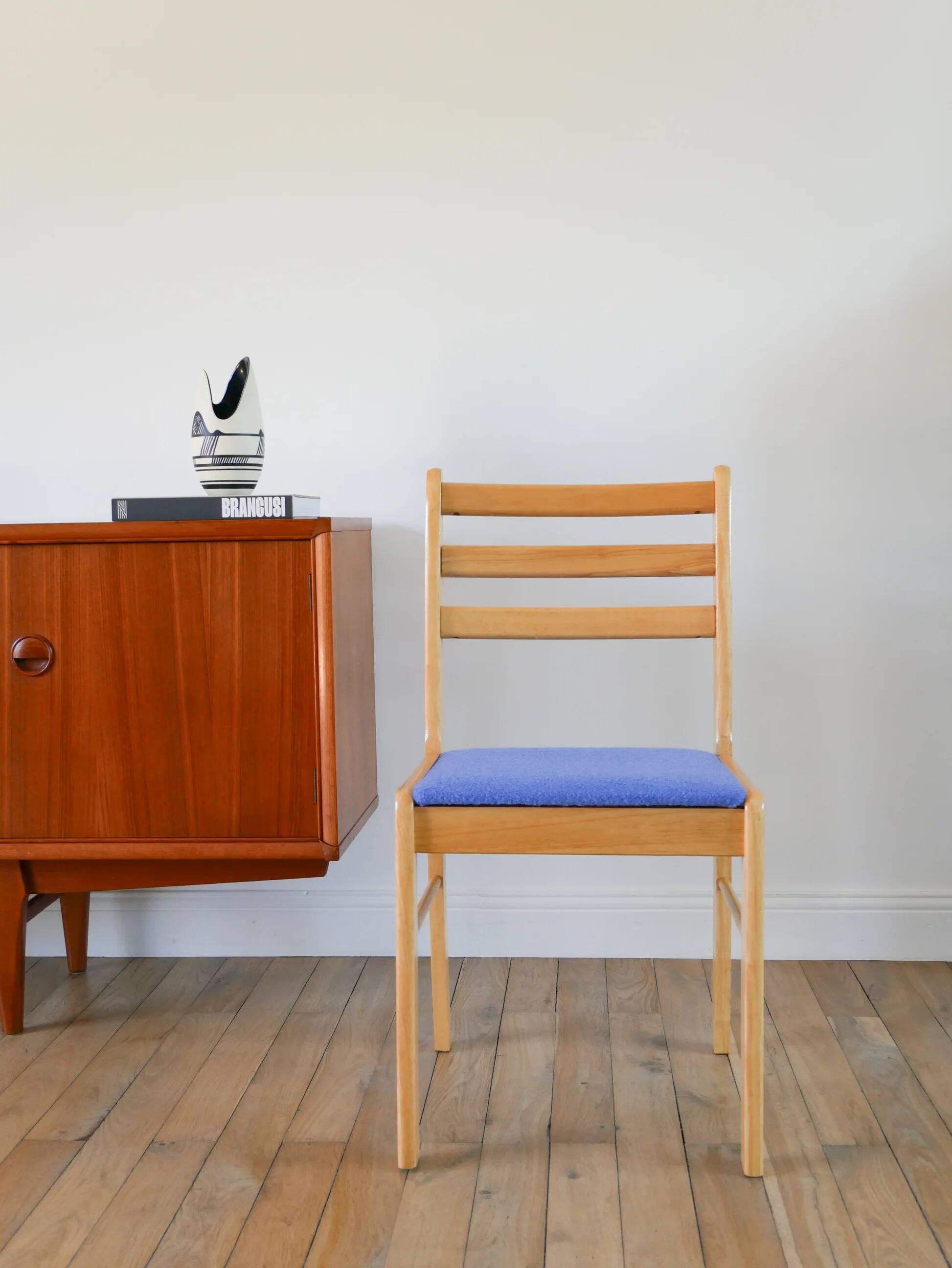 Set of 4 solid pine chairs, reupholstered in ocean blue wool, 1980.