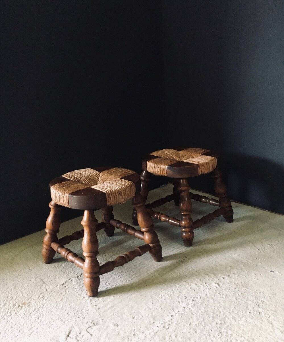 Rustic Low Oak and Rush Stools in the style of Charles Dudouyt, France, 1940s, Set of 2