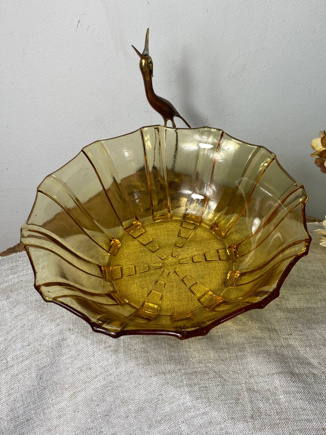 Art Deco style salad bowl in amber molded glass