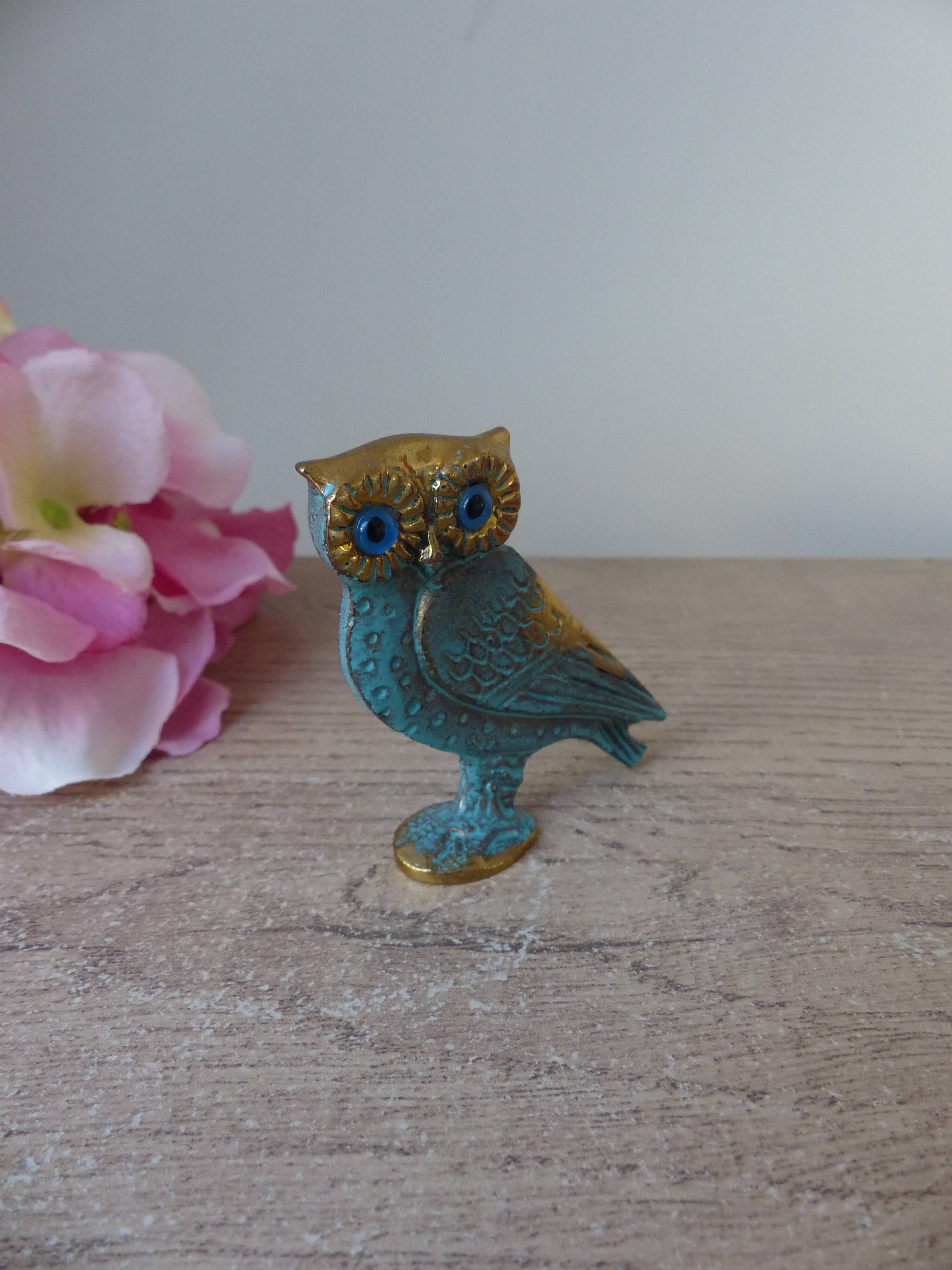 Miniature brass owl figurine with blue eyes, small owl vintage Greek art sculpture