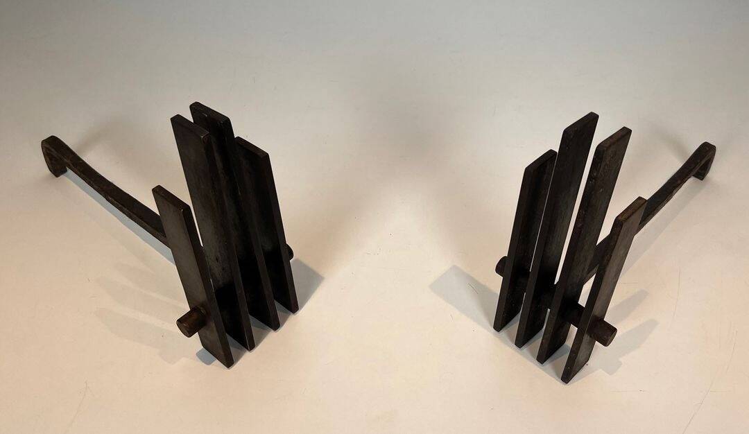 Pair of Modernist Steel Andirons with Vertical Bar Supports