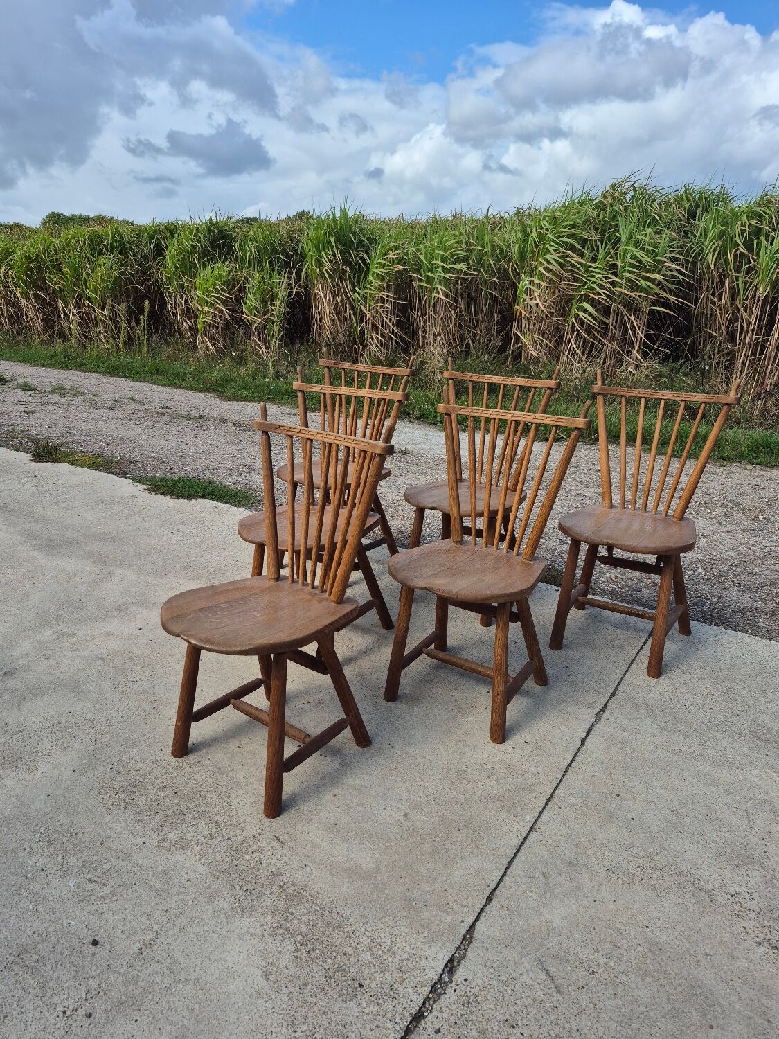 Set 6 vintage dutch spindle back rustic dining chairs De Ster
