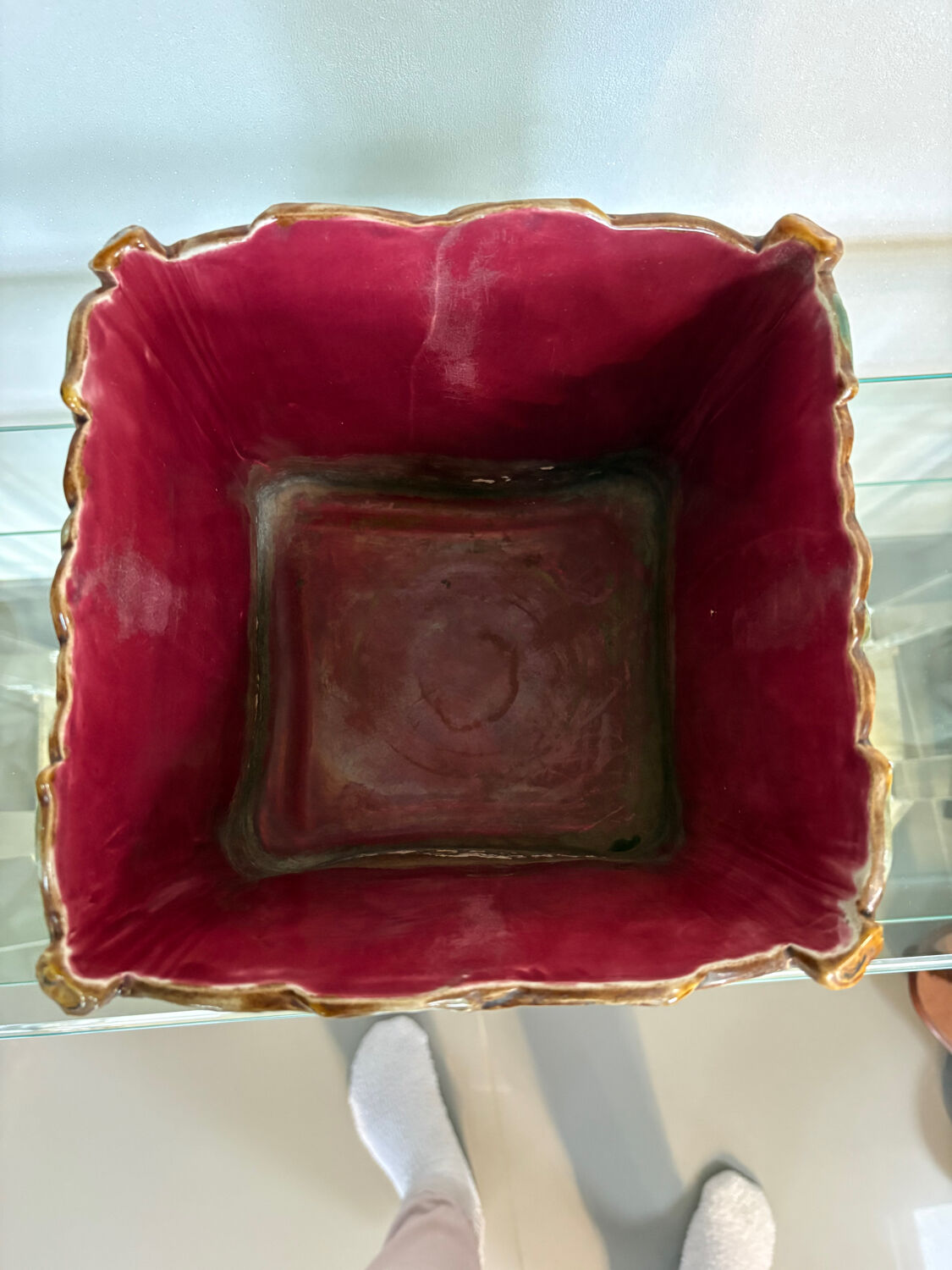 Antique cache-pot in earthenware barbotine – landscape & train decoration – early