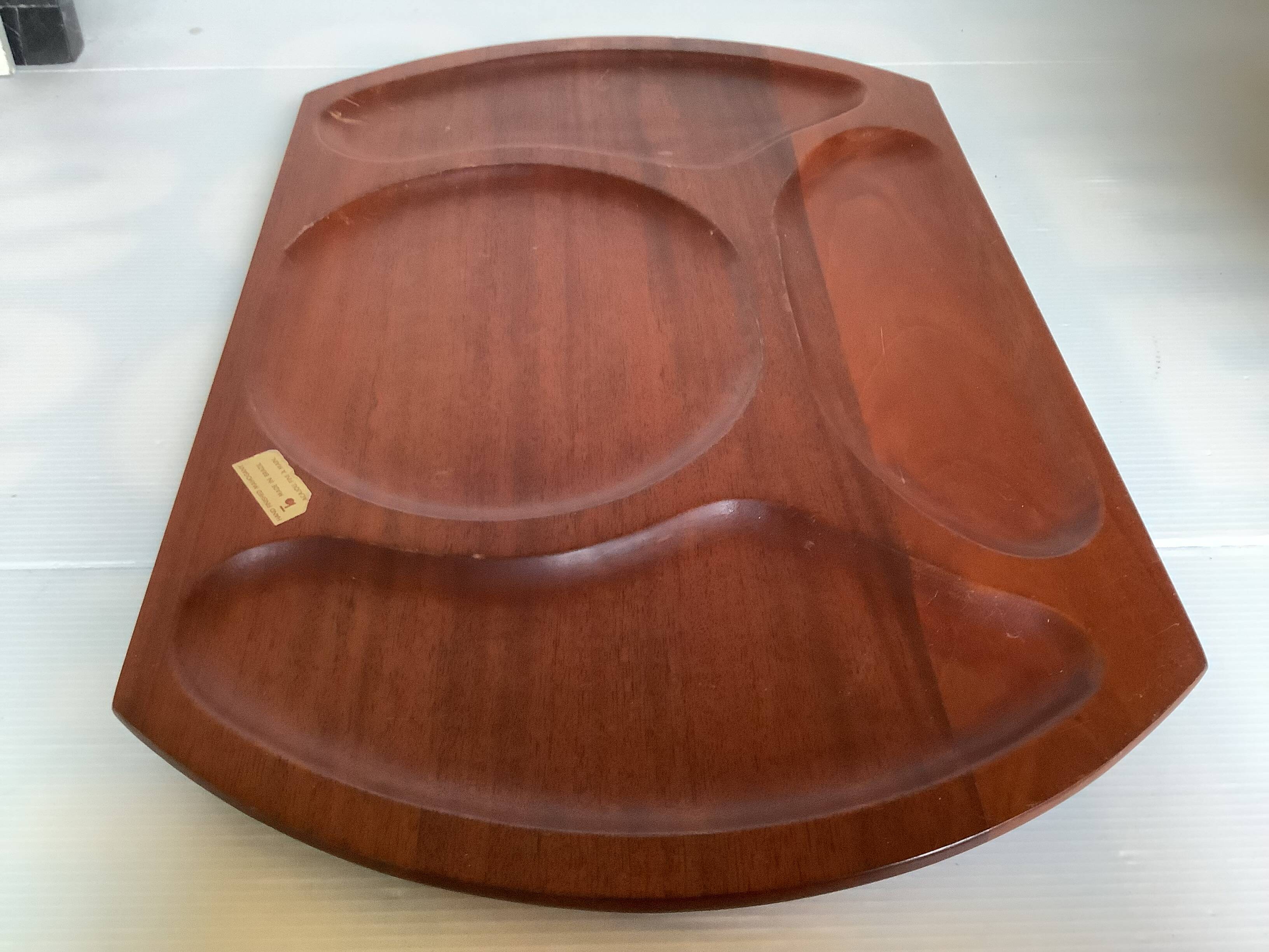 Pair of wooden snack meal trays with compartments.