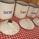 6 old spice pots in white and blue enamelled sheet metal