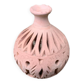 1982 Cache bougie oriental Maroc photophore en terre cuite poterie ajourée fait main Vintage ancien