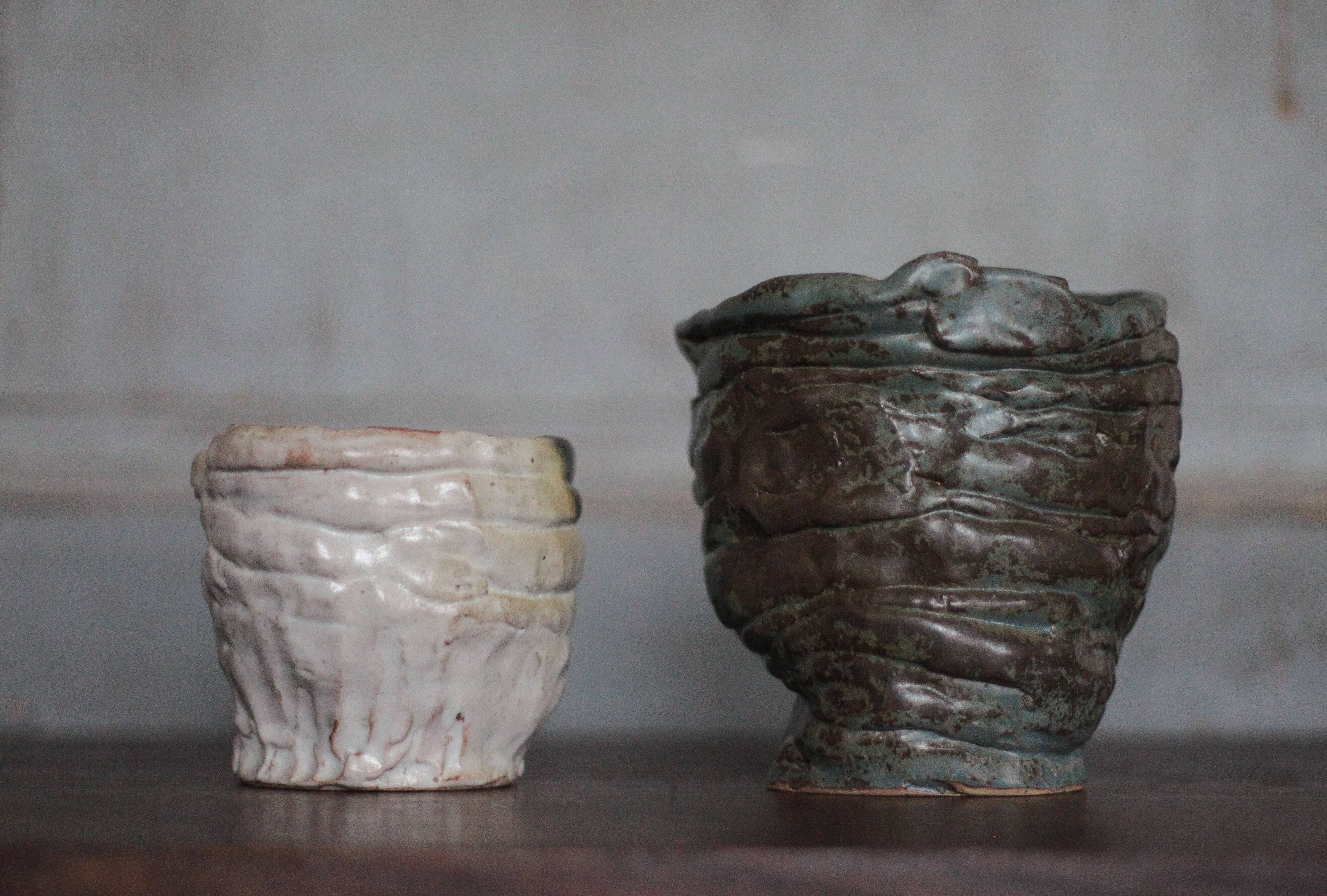 Pair of signed glazed stoneware vases, plant pot, cache-pot.