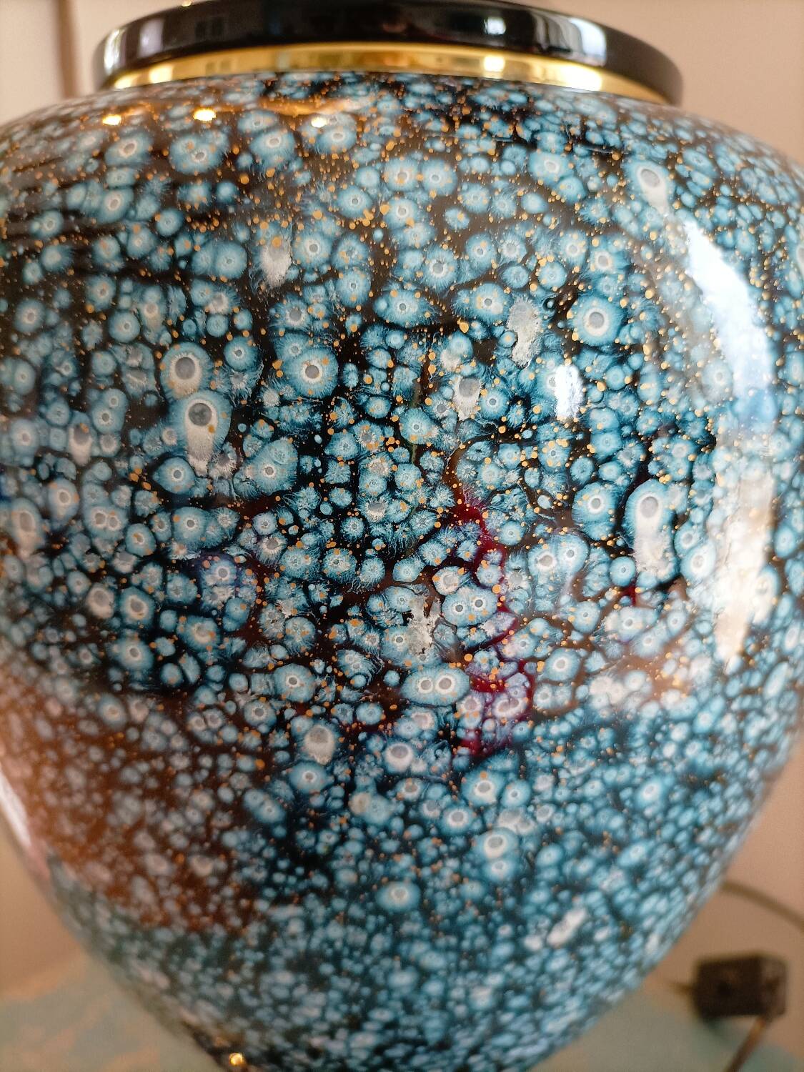 Large ceramic lamp base in blue, gold and black