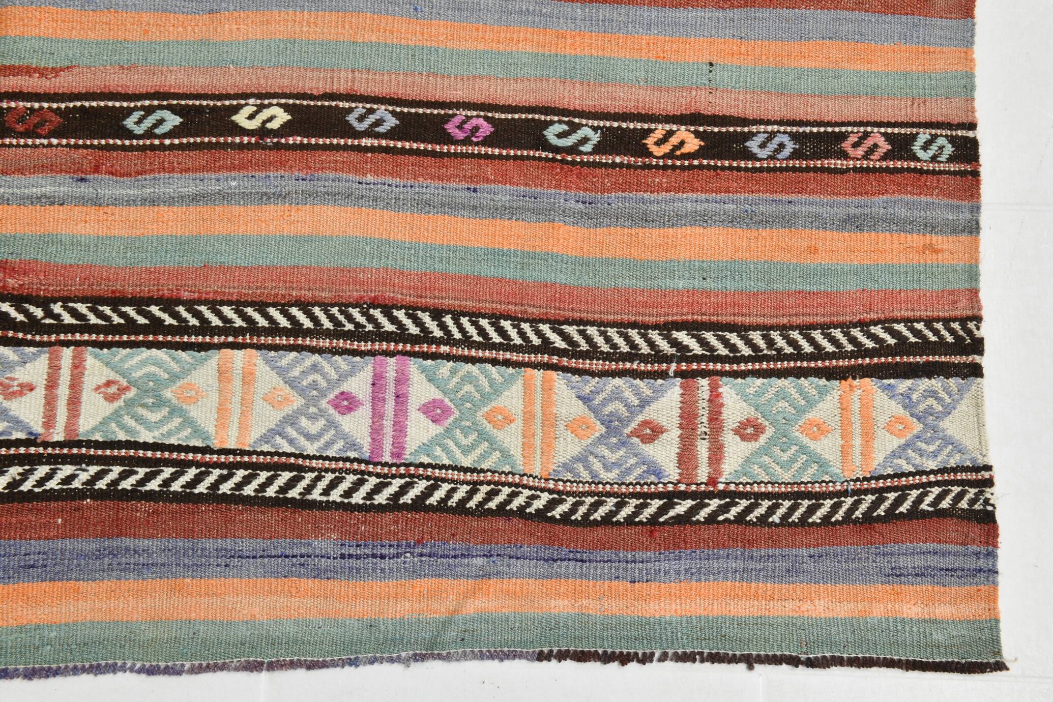 6x8 Ethnic Striped Green & Orange Kilim Rug, 176x230Cm