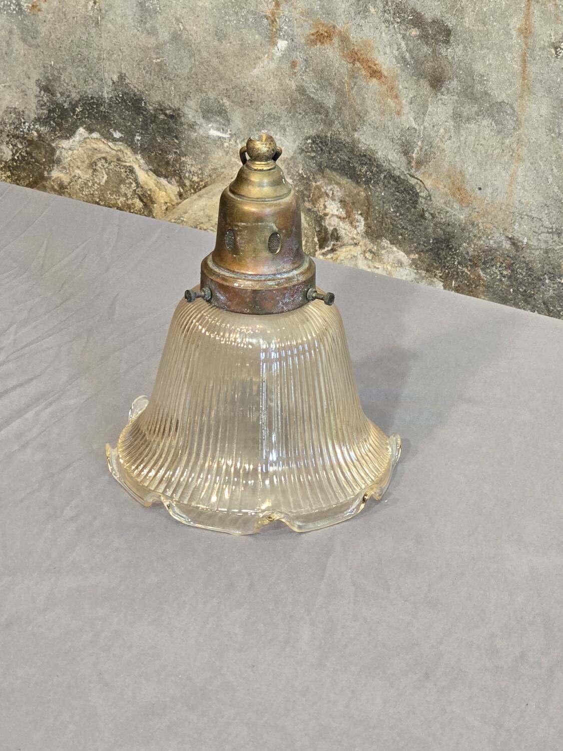 Holophane glass and brass suspension