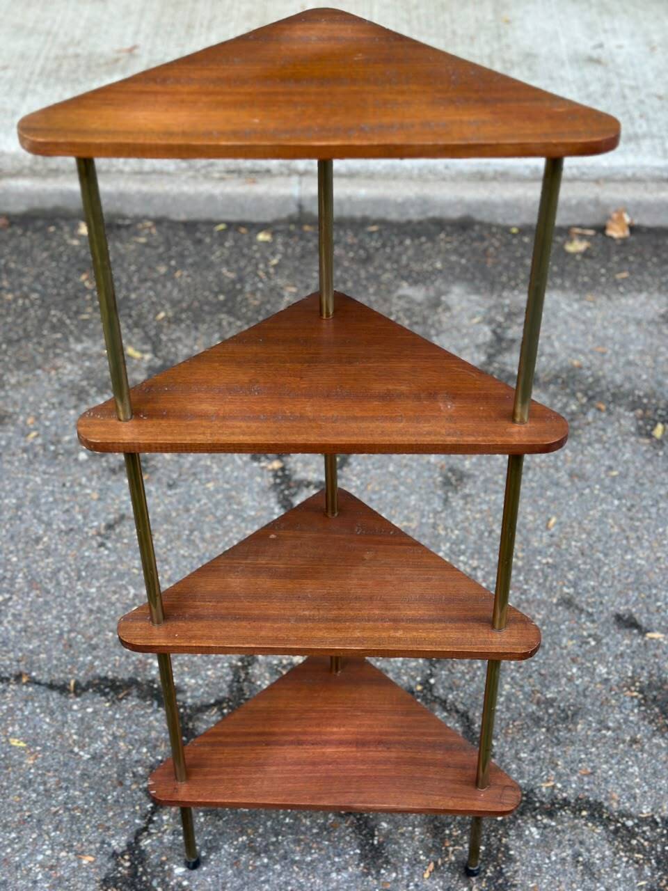 Mid-Century 4-Tier Corner Shelf in Solid Teak/Mahogany Brass 1960