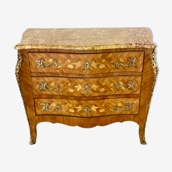 Commode Louis XV plateau marbre et marqueterie