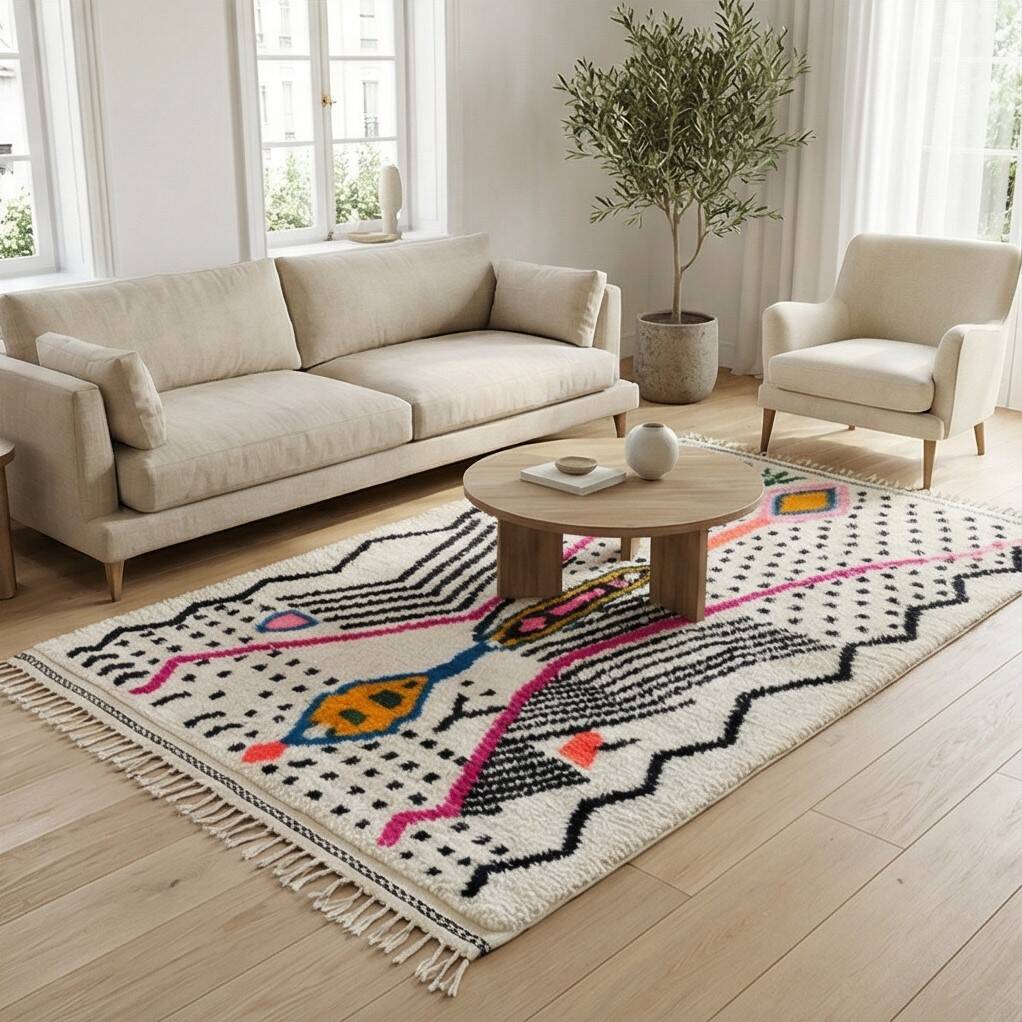 Colourful Azilal Berber rug with black dots