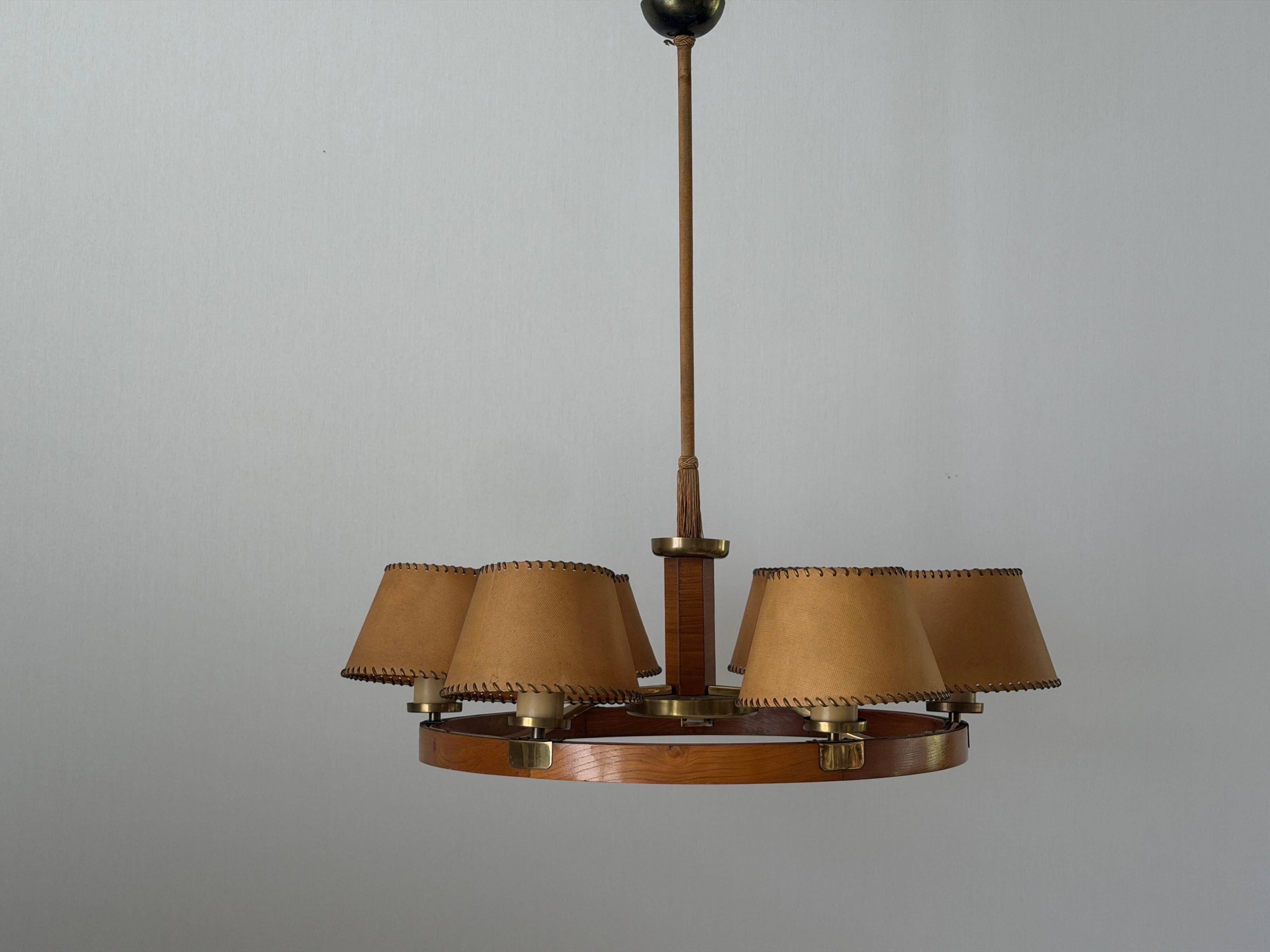 6 wooden paper head chandeliers with brass details, 1960s, Germany