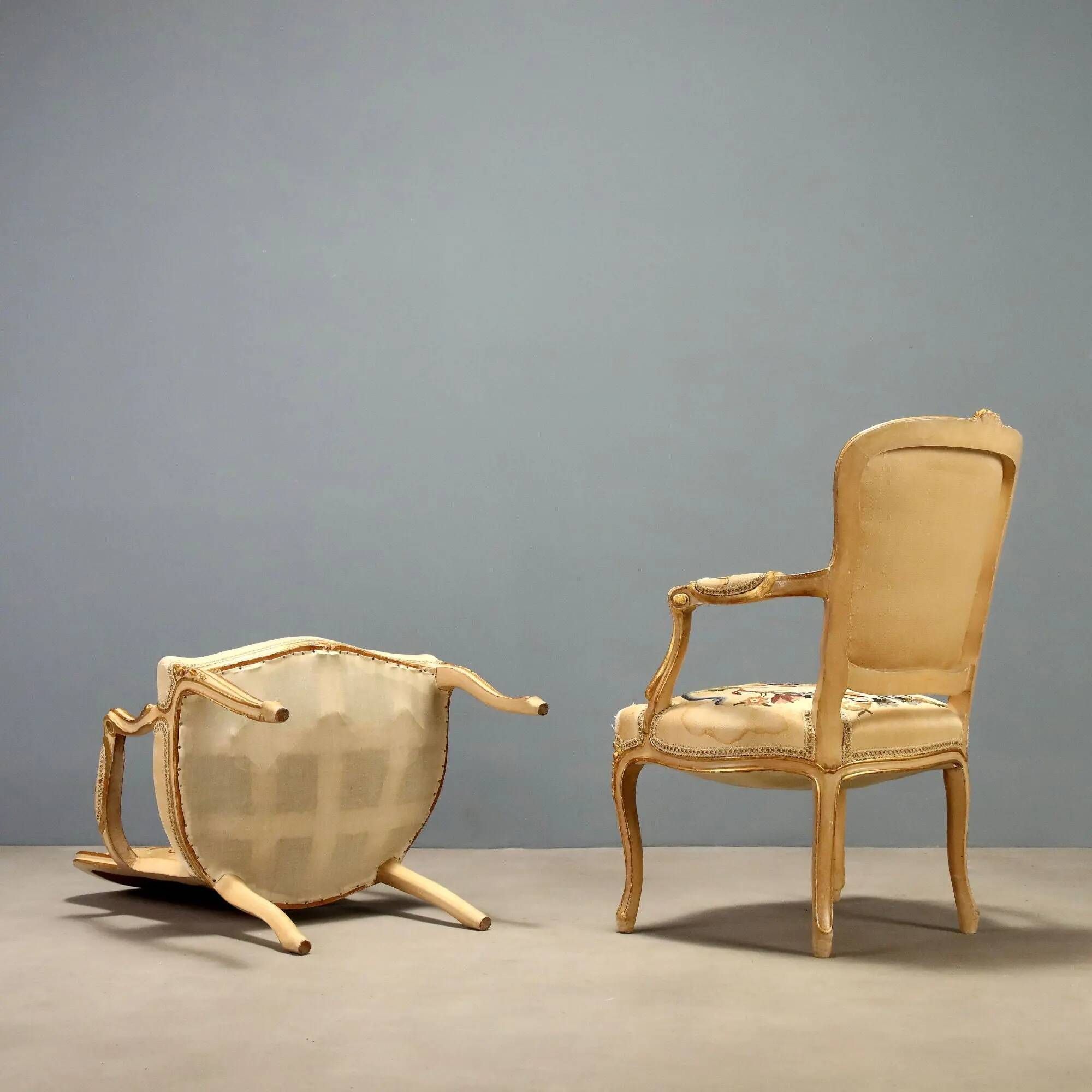 Pair of antique baroque style armchairs in carved wood, Italy, 19th century.