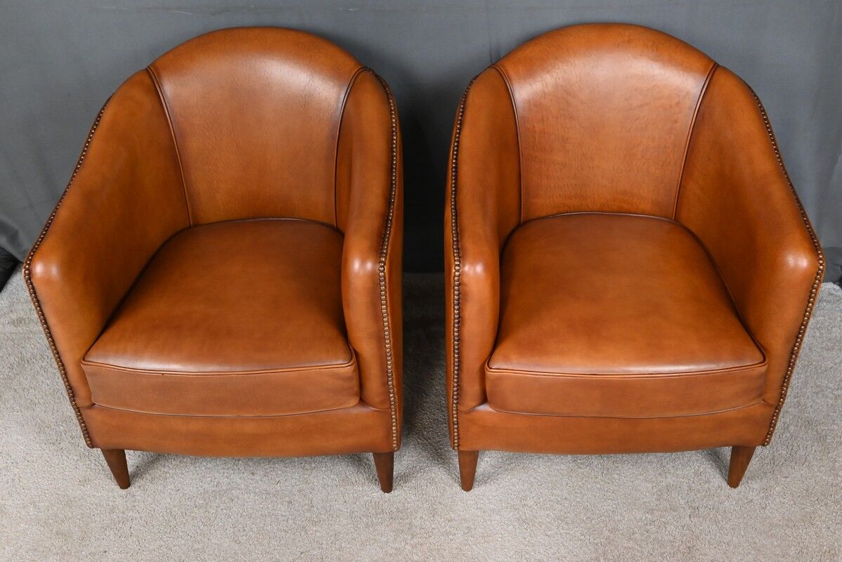 Pair of Solange club armchairs in sheepskin leather – reproduction