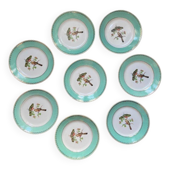 Set of 8 vintage soup plates with turquoise edge and bird pattern