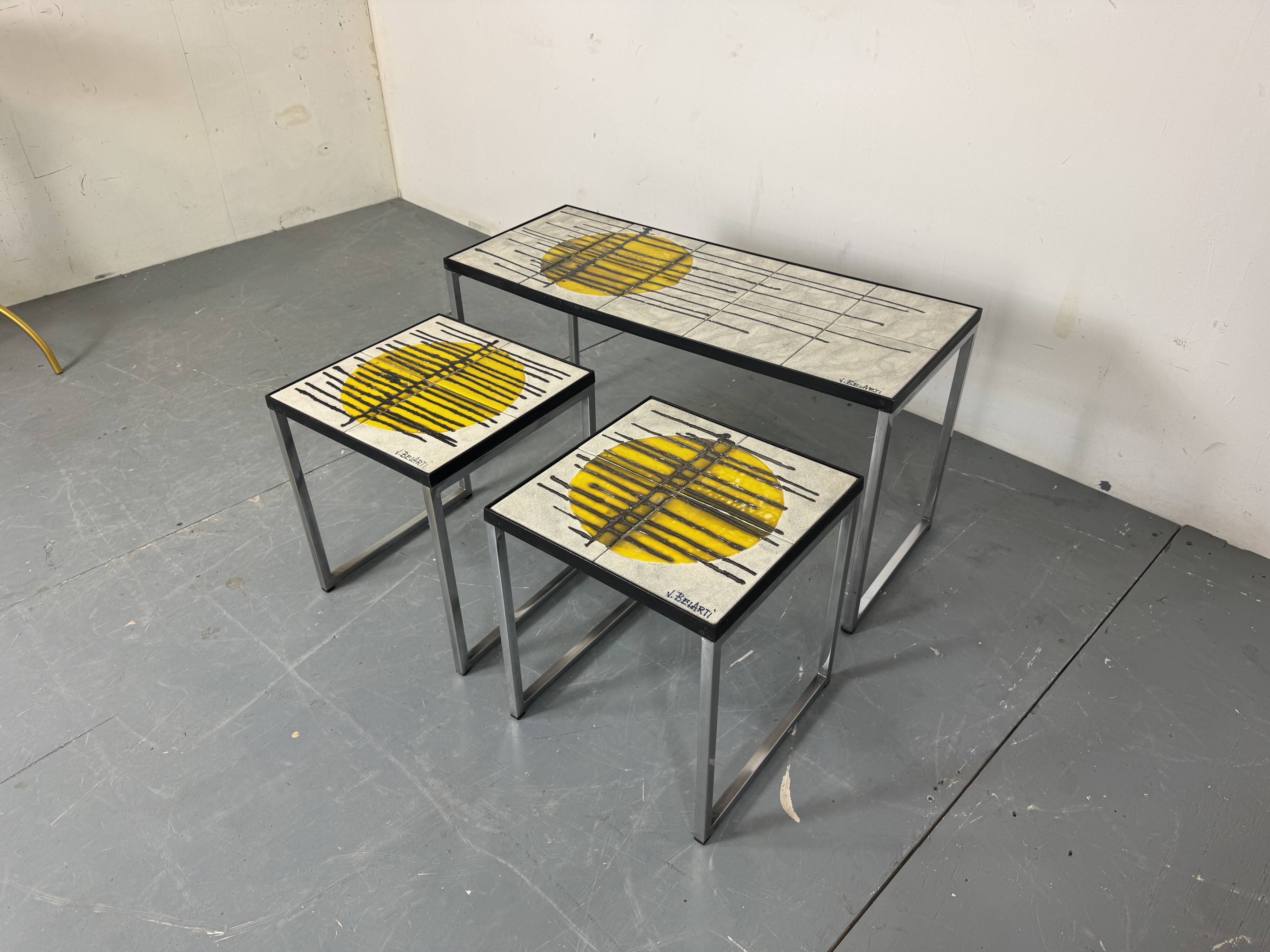Mid Century Modernist Chrome and ceramic Belarti Coffee Side Table set 1950