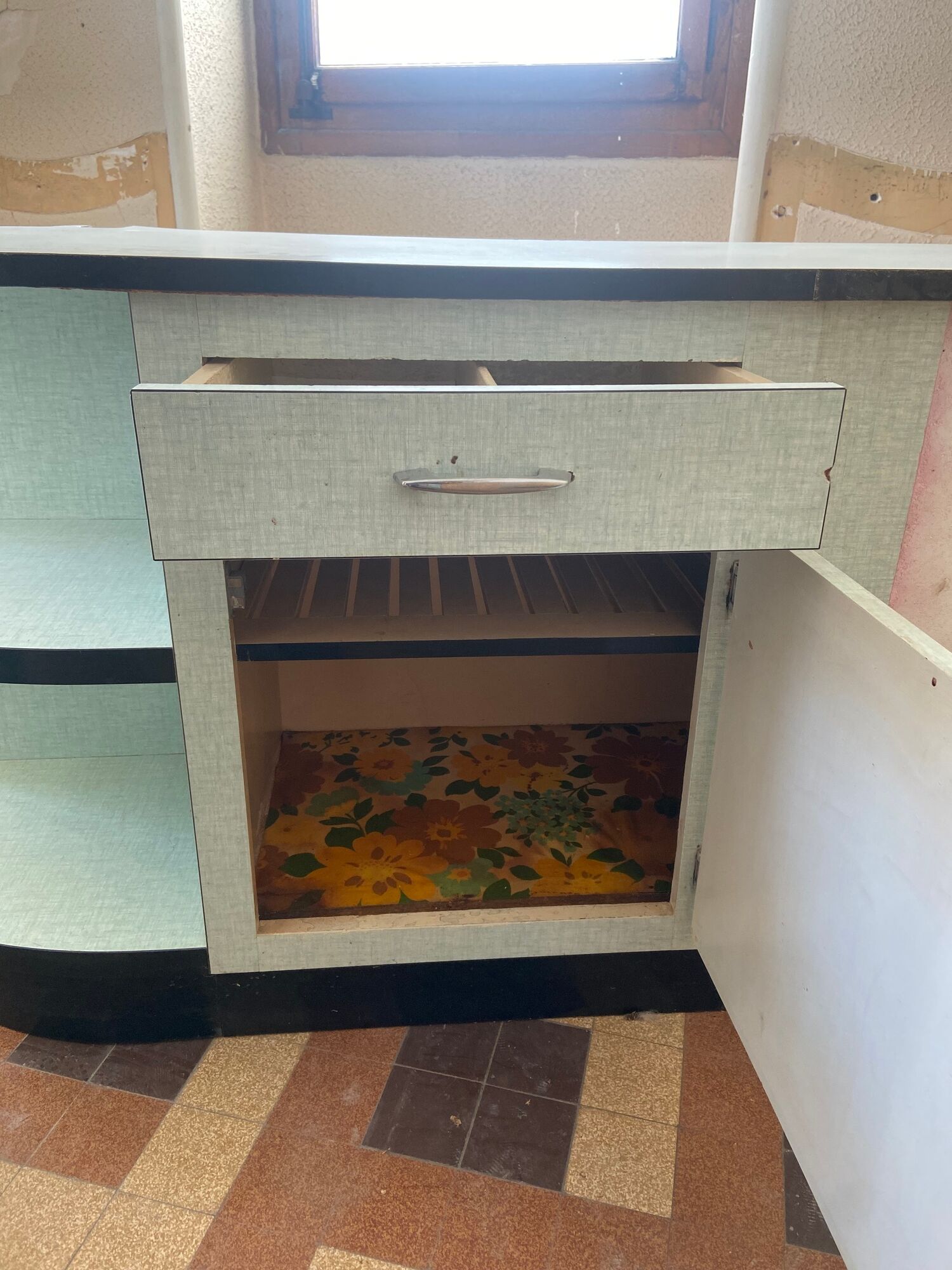 Meuble bas cuisine angle formica vert vintage
