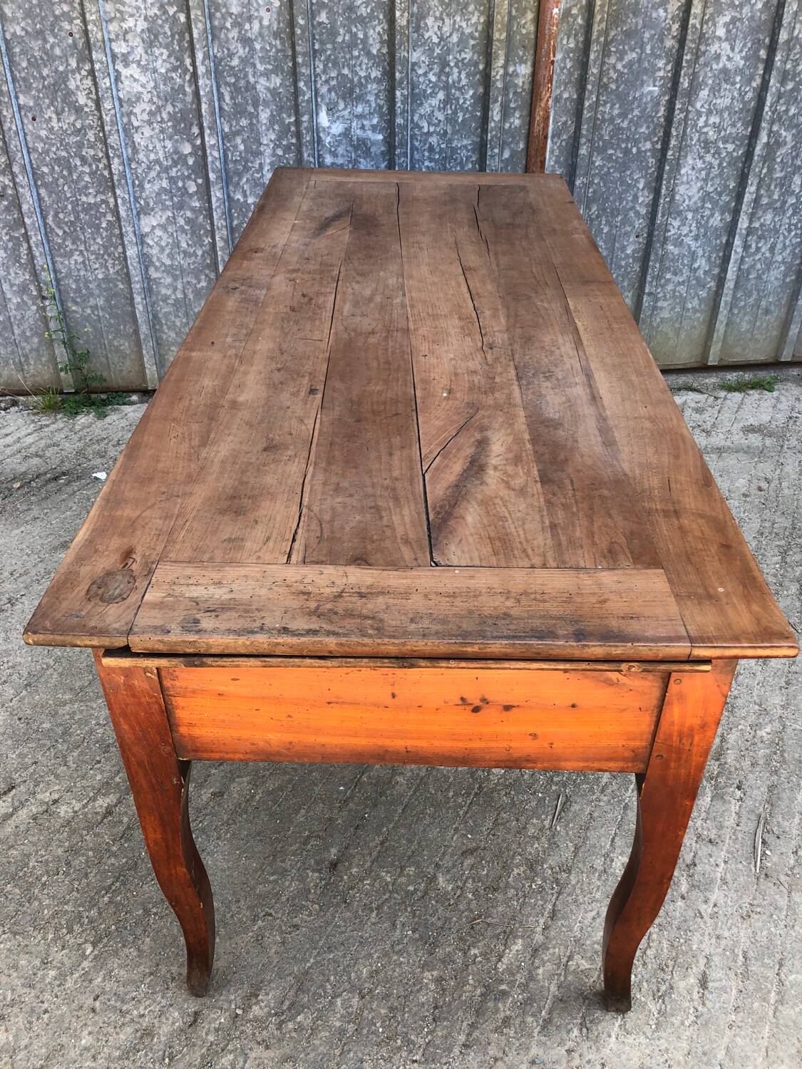 Antique solid cherry farmhouse table with 3 drawers and 2 pulls