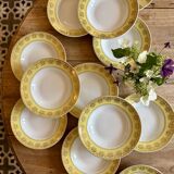 Lot de 12 assiettes creuses vintage jaunes, blanches et dorées