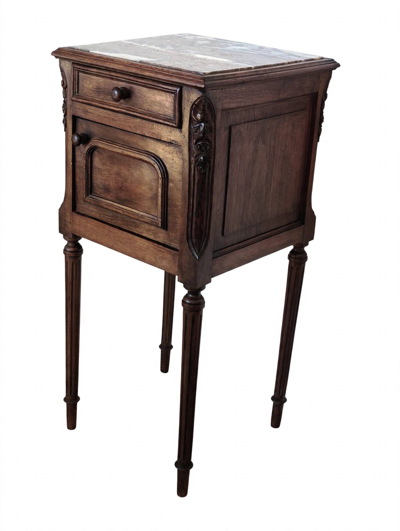 Louis XVI bedside table in walnut and marble - pink sculptures