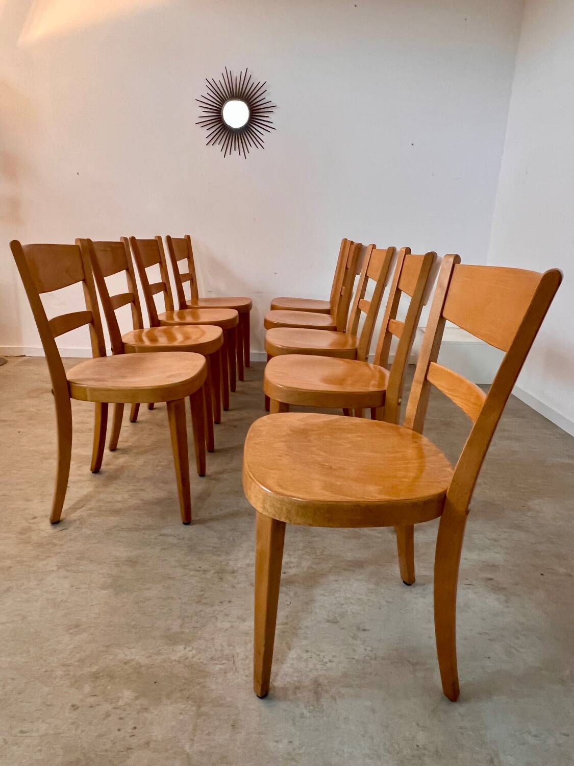 Set of 9 vintage wooden bistro chairs designed by Horgen Glarus
