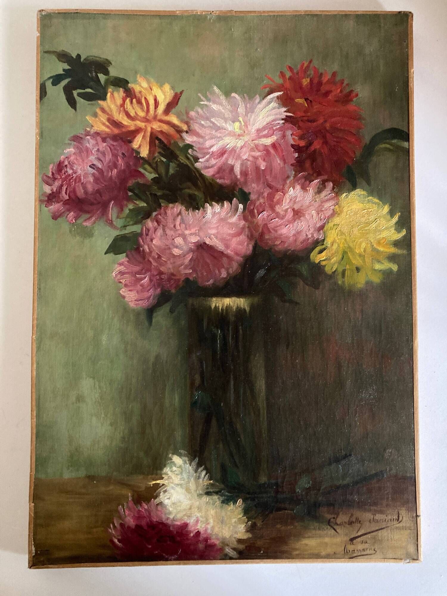Oil on canvas signed Charlotte to her godmother dahlias 1900