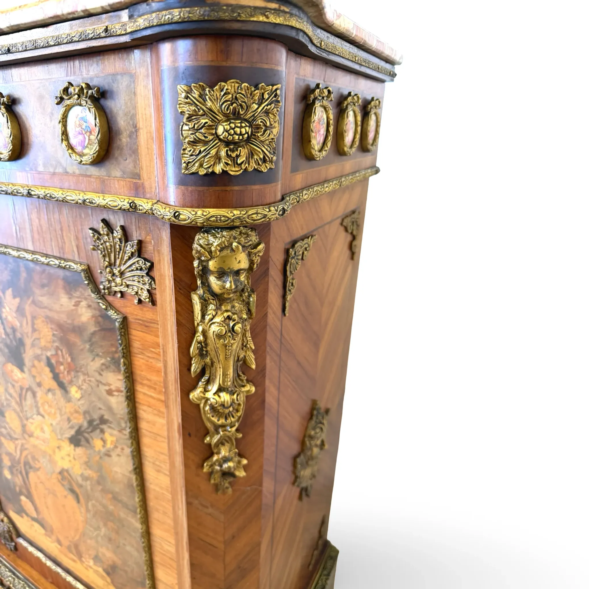 An antique French Louis XVI-style marble-top side cabinet