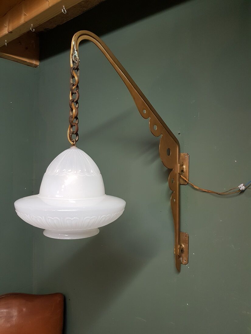 Early 20th century art deco wall lamp with brass bracket and opaline glass shade