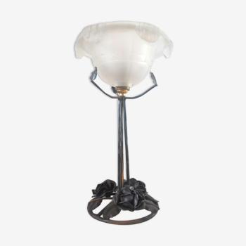 Lampe vintage vasque givrée pied au décor floral design années 60 - 70