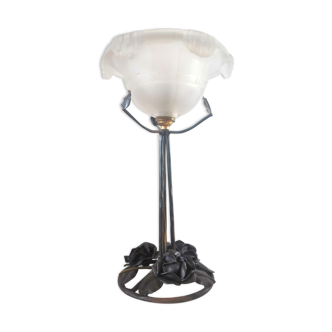 Lampe vintage vasque givrée pied au décor floral design années 60 - 70