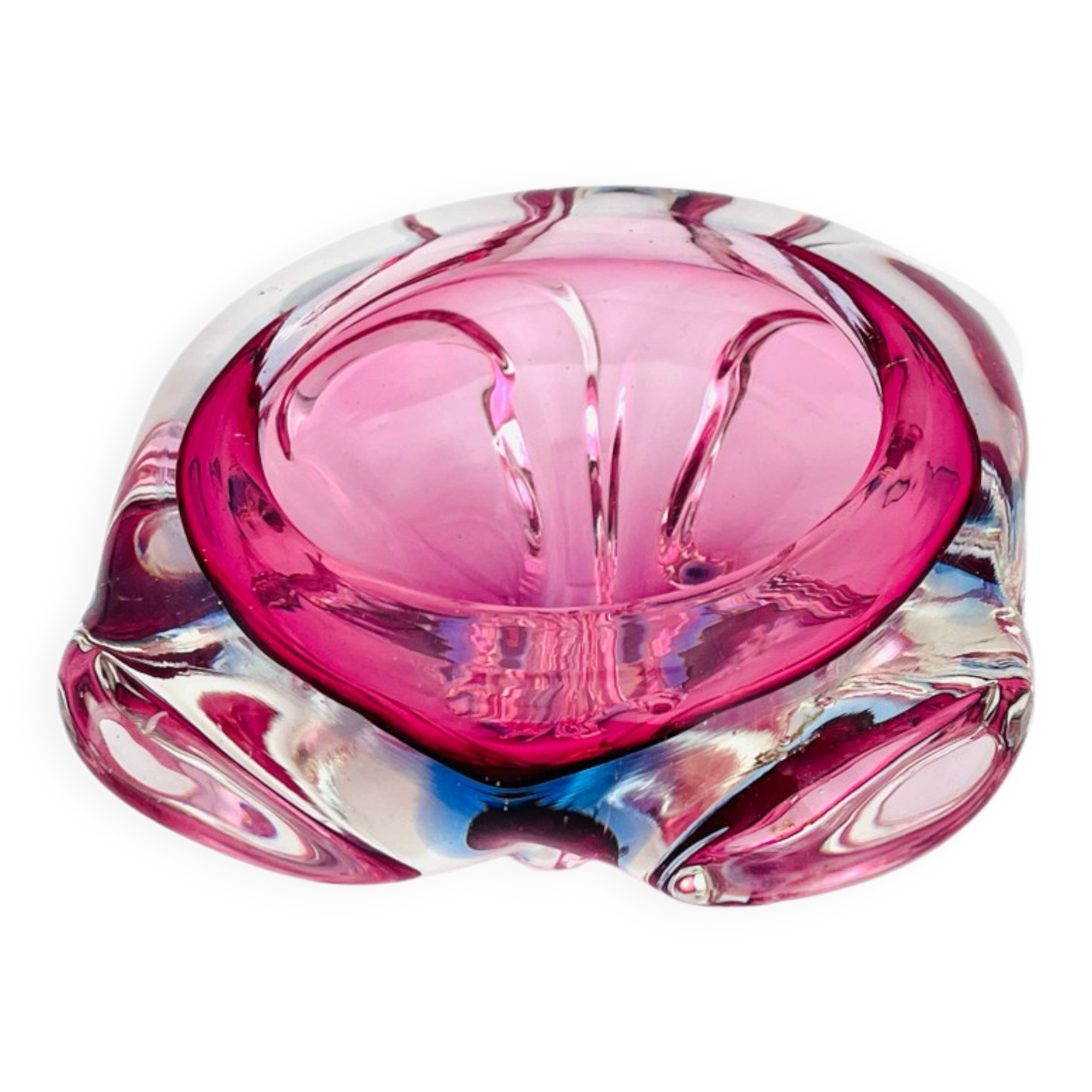 Bohême Crystal Pocket Bowl Hospodka Raspberry and Blue Reflections 1960