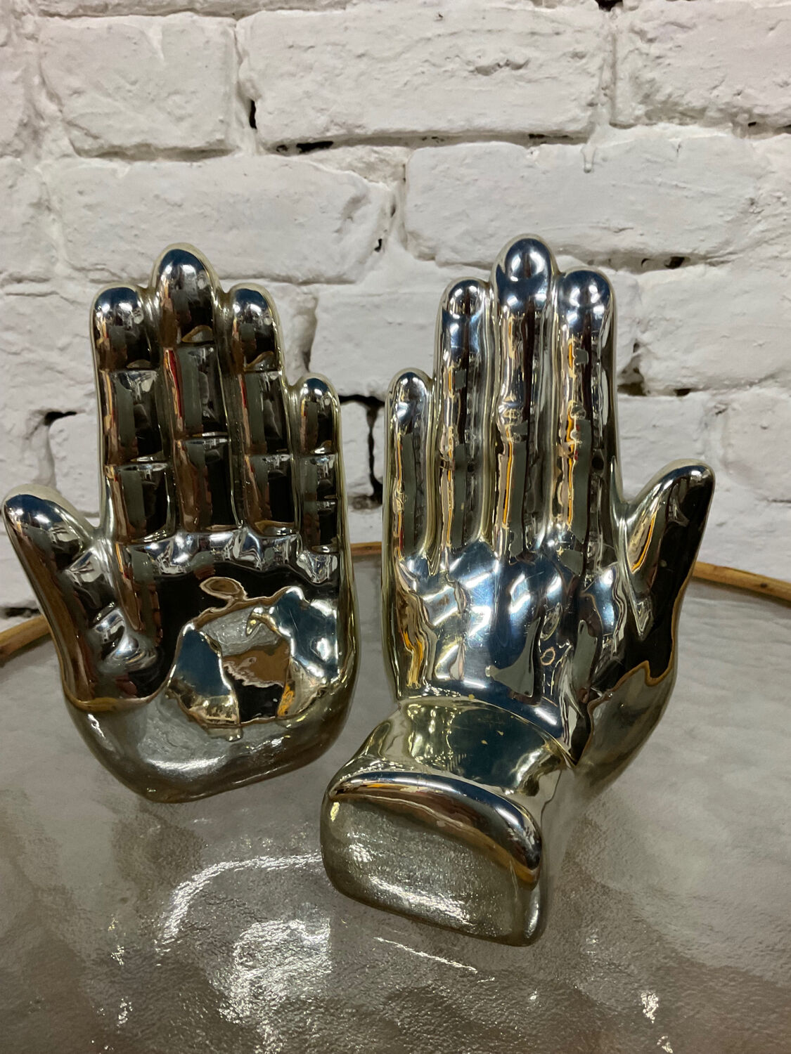 Pair of chrome ceramic hand bookends from the 70s and 80s