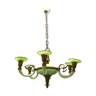 Art Deco Italian Green Opaline Glass Light Pendant