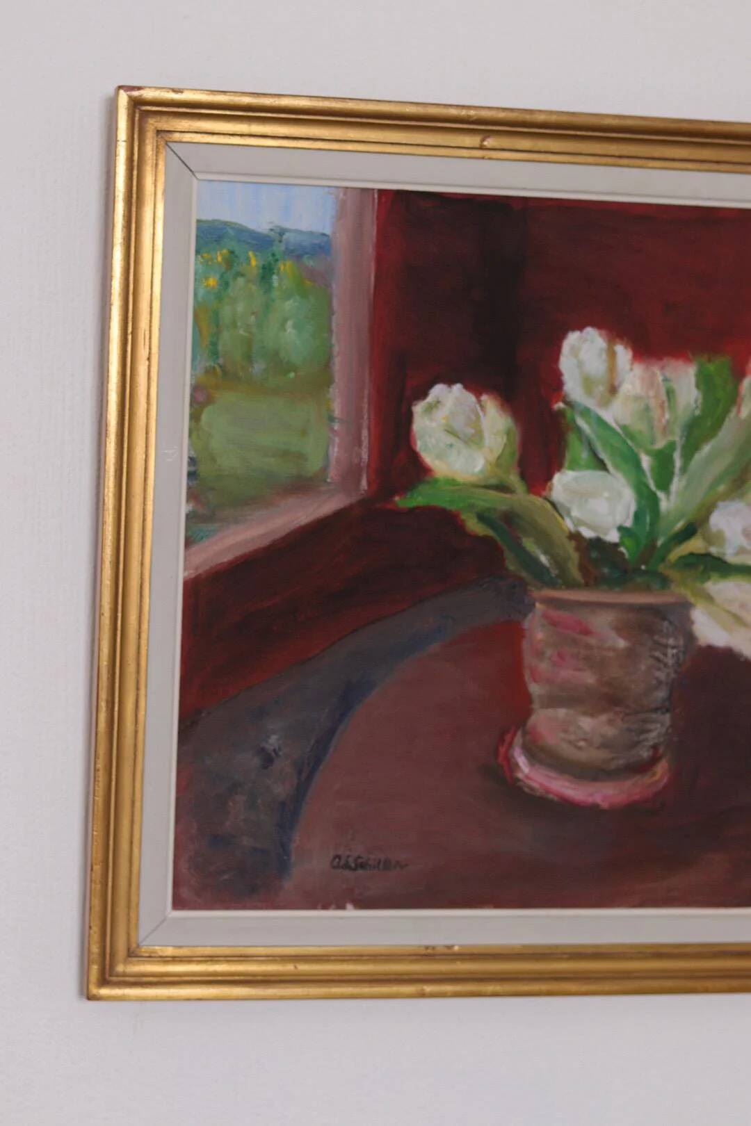 Original Swedish Oil on Canvas – “White Roses” by Aina Schiller, Arvika